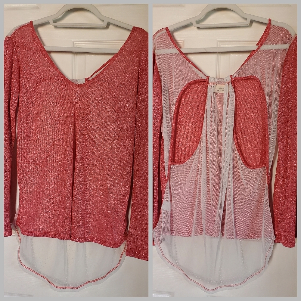 Jodi B. Wise Sheer Top Backraser Lace Shimmery Coral Summer‎ Beachy Preppy Large